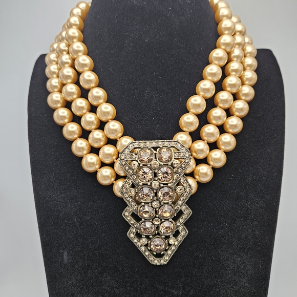 Heidi Daus Necklace Champagne Rhinestone Glass Pearl Beaded Choker Multi Strand